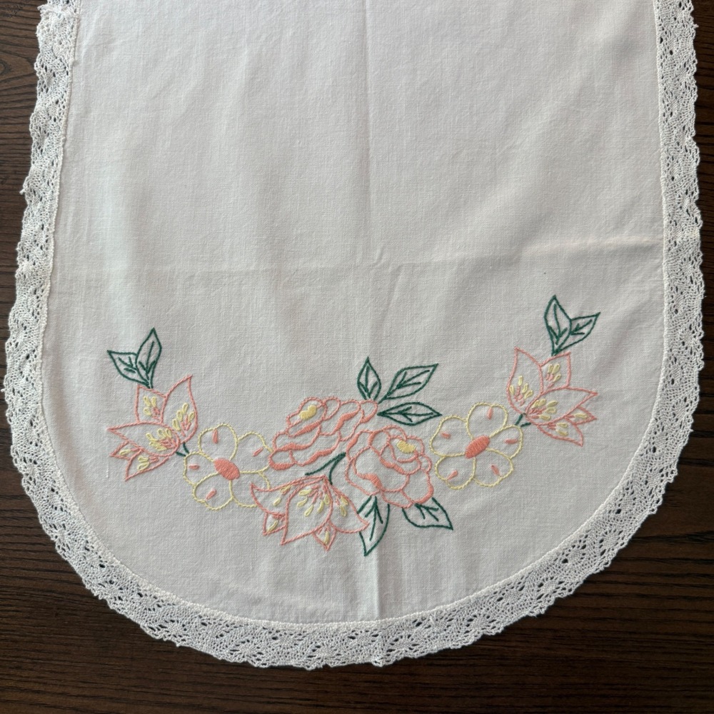 Vintage Hand Embroidered Floral Table Runner White Linen Crochet Lace Trim 37x17